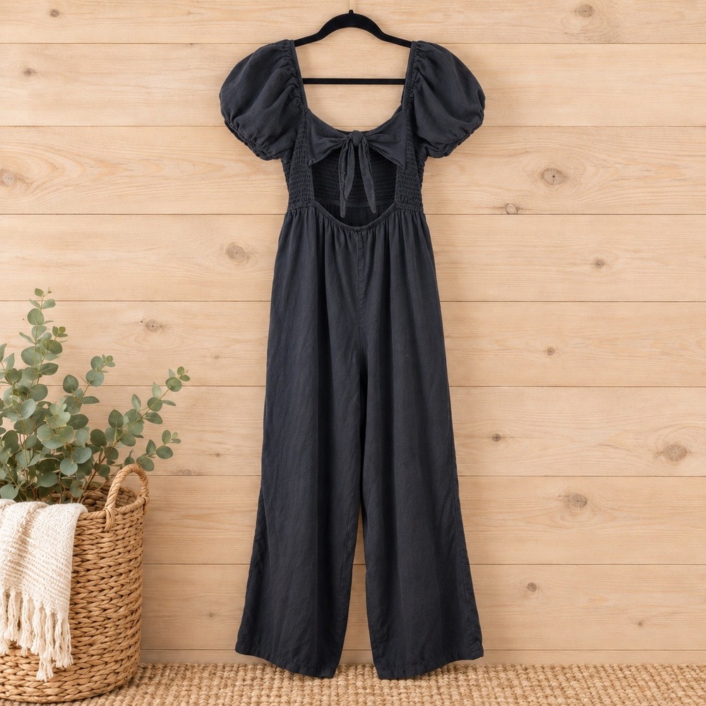 Rewind Black Puff Sleeve Smocked Wide Leg Jumpsuit Medium Tie Back Cutout